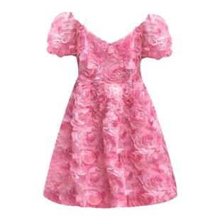 粉色碎花连衣裙女夏2024新款法式气质名媛立体玫瑰花瓣甜美蓬蓬裙