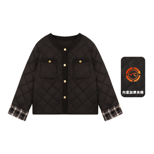 Amybaby女童上衣冬季2025新款高级感拼接袖圆领休闲百搭棉服外套