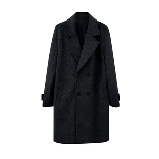 男士中长款呢外套双排扣休闲夹克2025冬季新款时尚平驳领呢大衣