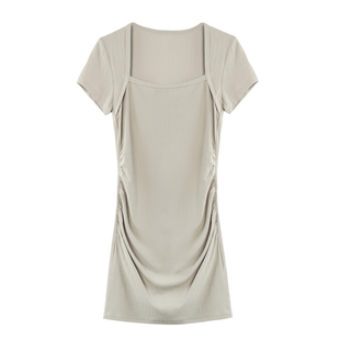 MULVAN 【现货5折】方领短袖连衣裙女针织短裙小个子修身包臀裙