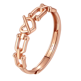 甜酷心形锁开口戒指玥景18K素金黄金彩金古巴链女士可调节戒指环