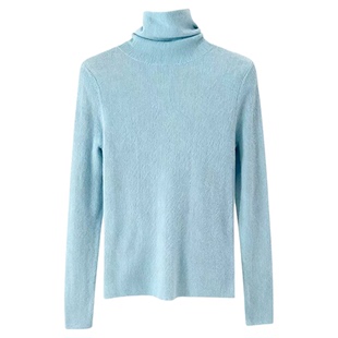 秒发!大衣伴侣韩国2026冬超温柔水蓝色高领羊毛针织打底衫上衣女