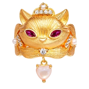 VISING珠宝粉贝母小狐狸黄金色拉丝古法银工艺好人缘戒指指环