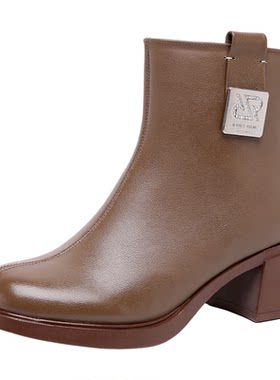 真皮粗跟短靴全牛皮百搭中跟女鞋