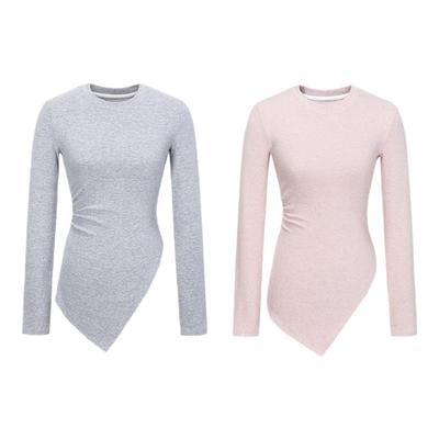 圆领不规则下摆设计抽褶针织上衣