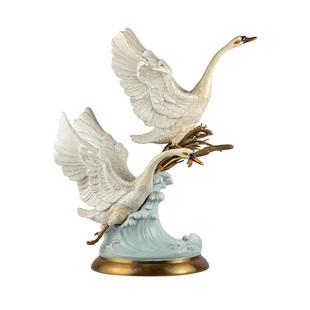 陶瓷天鹅摆件招财比翼双飞客厅玄关桌面家居艺术摆件装饰品C1406