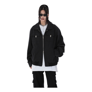 欧美复古港风春季薄款外套hiphop设计感金属扣短款夹克T恤男女潮