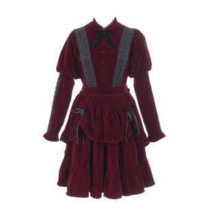 axesfemme kawaii古典丝绒玩偶蝴蝶结lolita长袖连衣裙LD361X10S