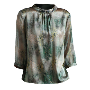 重磅真丝绸缎面t恤女2025夏新款短袖大气质印花罗纹缎桑蚕丝上衣