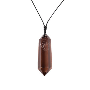 天然茶水晶双尖柱项坠吊坠烟晶挂坠男女情侣款民族风茶晶项链礼物