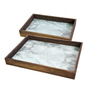 PHIPHY木边框钢化玻璃托盘茶盘大理石纹收纳盘早餐托盘家用盘子