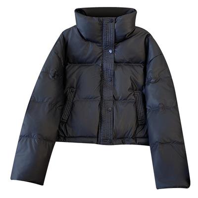 黑色美式免洗PU皮立领短款羽绒服