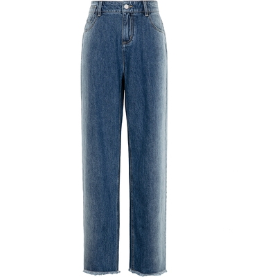 XG雪歌渐变牛仔蓝设计牛仔裤时尚春季新款水洗设计纯棉直筒裤女装