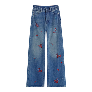 2026春装国风刺绣镶钻直筒牛仔裤女高腰宽松弹力九分窄版阔腿裤潮