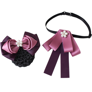 头花领结套装工作发网女职业银行中行领花酒店盘头发百搭玫红新款