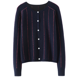 雍容华贵！拼色条纹圆领羊绒开衫女纯羊绒毛衣针织衫秋冬外套