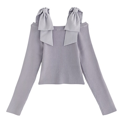 蝴蝶结露肩清楚系针织上衣