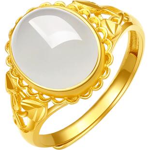 周六福和田玉戒指金镶玉黄金女戒白玉玉石指环官方正品新年礼物