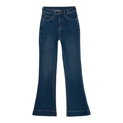 加绒保暖高腰喇叭牛仔裤女冬季新款深蓝色修身显瘦宽边弹力九分裤