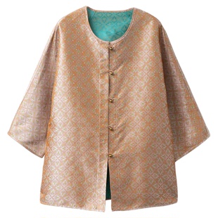 高定 100%桑蚕丝蜀锦双面穿提花真丝外套女国风八分袖开衫上衣春