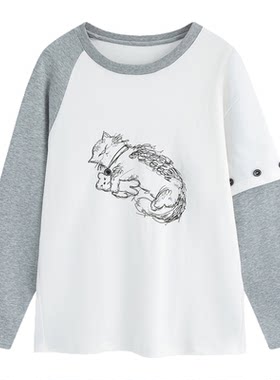 万有引力博物馆 小猫印花拼接撞色长袖T恤女春季2026新款早春上衣
