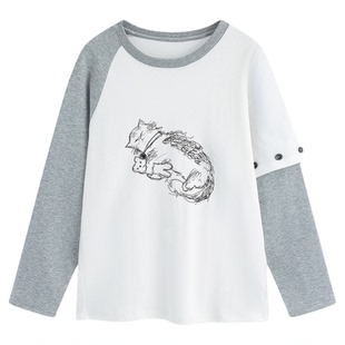 万有引力博物馆 小猫印花拼接撞色长袖T恤女春季2026新款早春上衣