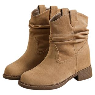 星期六厚底堆堆靴女款新款秋冬复古流苏短靴粗跟绒面马丁瘦瘦靴子