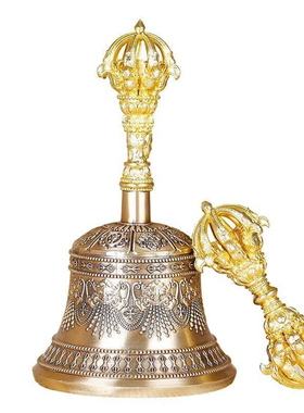 佛缘纯铜雕刻金刚铃金刚杵藏传用品五股纯铜手摇铃高16.5cm