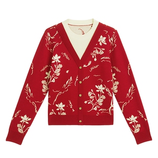 【中国红】YINER音儿专选2025春季新款羊毛假两件木兰提花针织衫