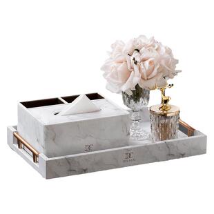 高档轻奢风大理石纹多功能纸巾盒客厅家用茶几收纳抽纸盒托盘套装