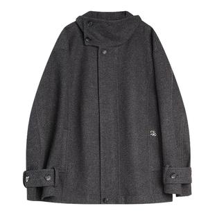 ELLE高级感灰色廓形短外套女2025冬季新款立领休闲设计感通勤上衣