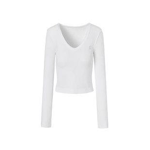 LEDIM WANGV领刺绣长袖T恤女2026春新款白色无缝高腰弹力短款上衣