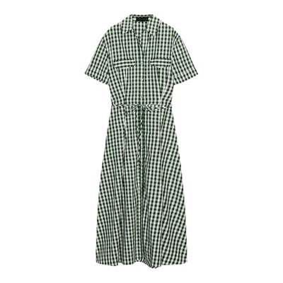 POLO款细腰带小网格衬衣式连衣裙