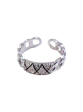 XMR镶钻银色金属菱格纹开口戒指