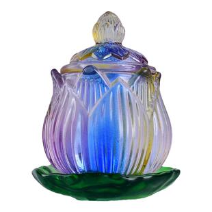 供佛七彩色圣水杯仿琉璃莲花玻璃圣水杯佛前贡水杯荷花供杯摆件