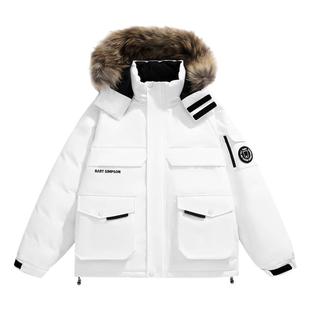 辛普森一家黑色毛领羽绒服90绒男冬季保暖短款派克服工装厚外套女