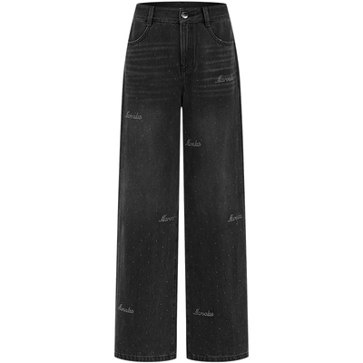 曼德诗长款烫钻高腰牛仔裤