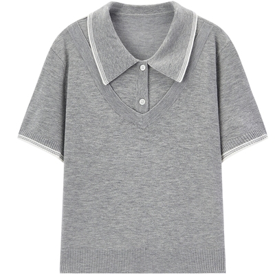 爱居兔Miu系假两件polo领针织衫女2025年秋季新款学院风短袖上衣