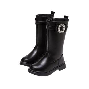 富罗迷女童靴子儿童长筒靴冬季新款防滑加厚女款黑色洋气高筒棉靴