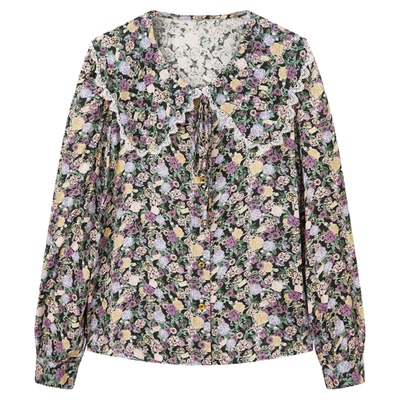 法式小资小上衣花瓣领满印衬衫