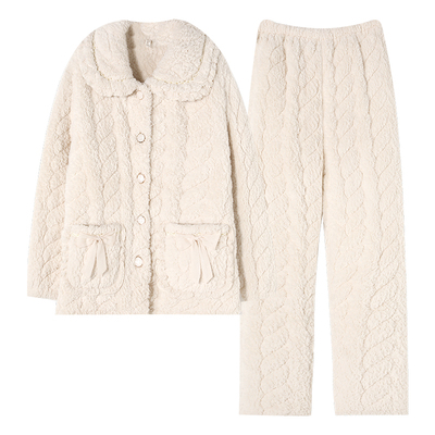 芬腾可安冬季夹棉睡衣女冬款三层加绒加厚珊瑚绒超厚家居服套装冬