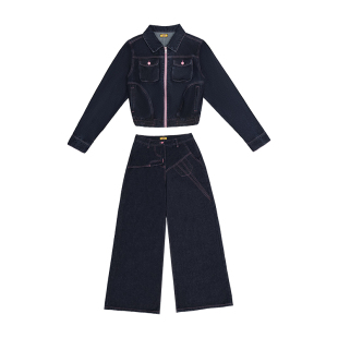 哟酷酷（牛仔狂想诗）新款个性撞色牛仔套装女短裤外套宽松牛仔裤