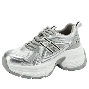 UBZ 厚底银色老爹鞋女款2026年春秋季增高新款网面透气运动休闲鞋