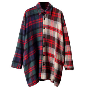 冬季毛呢衬衫男加绒加厚保暖宽松慵懒风潮流拼接格子外套男生长袖