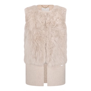 RARE威雅女装2025冬季新款蓬松皮草拼接山羊绒卡其双面呢无袖大衣