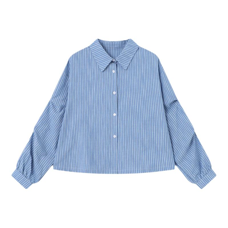 Basic House/百家好翻领条纹设计感镂空披肩长袖衬衫女秋通勤上衣