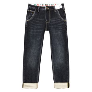 印花冬季加绒牛仔裤男款薄绒保暖高端弹力修身小脚磨毛九分裤厚款