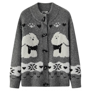 森马针织开衫女冬半高领小狗提花牛角扣毛衫宽松2025新款可爱上衣