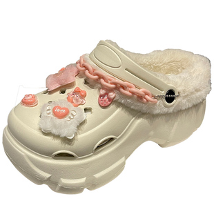 洞洞鞋女加绒加厚外穿2025冬款厚底增高可爱少女心包头保暖棉拖鞋