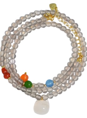 原创《墨未浓》天然烟灰玛瑙红翡翠南红海蓝宝新中式多圈手串项链